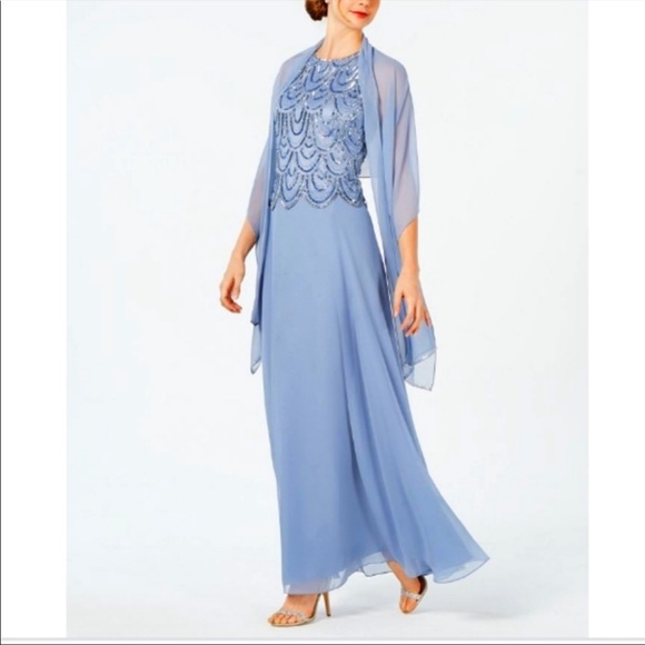 J Kara Women's Sleeveless Embellished A-Line Gown and Scarf